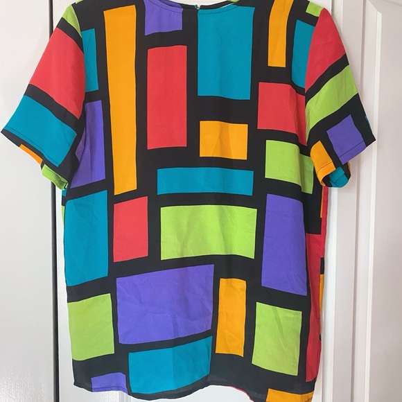 Vintage 90s Silk Top Blouse Short Sleeve Geometric Print Oversized Diane Gilman - Picture 2 of 5